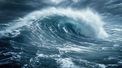 Naklejka premium Stormy sea at night. Heavy sea. A strong storm with big waves in the ocean. Night thunderstorm. Illustration for banner, poster, cover, brochure or presentation.