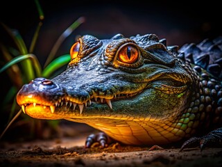 Obraz premium Mesmerizing Alligator Eyes Glowing in the Darkness of Night, Capturing Nature's Intriguing Beauty