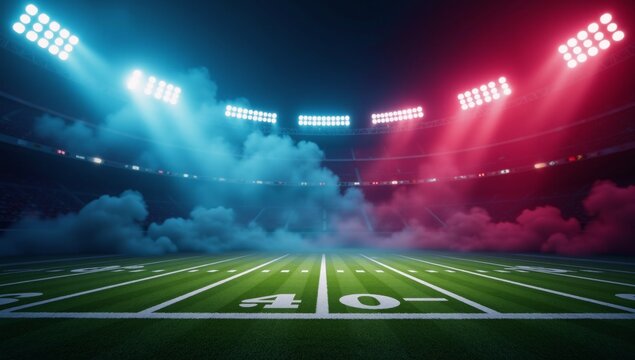 Computer-generated American Football Stadium field with smoky neon backdrop ideal for designs in flyers ads booklets and leaflets