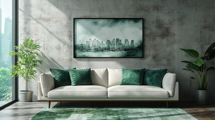 Minimalist interior design of a modern living room. An ivory suede sofa with emerald cushions against a concrete wall. on the wall is a minimalist painting painted in watercolors.