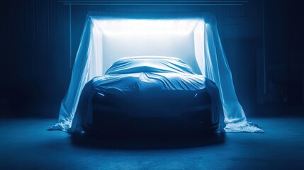 Car covered with a tarp in a dimly lit room, creating an atmosphere of anticipation for the reveal