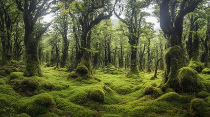 Obraz premium Lush green mossy forest with tall trees.