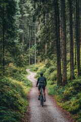 Obraz premium Adventurous individual mountain biking on a gravel path through a dense forest.