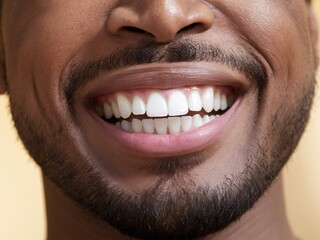 Fototapeta premium a person's face with a close-up view. The person has a bright, beaming smile, with a neatly trimmed beard framing their lips.
