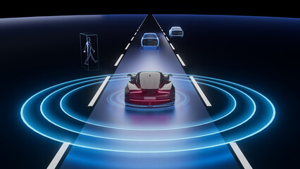 Advanced Driver Assistance Systems (ADAS) 3D rendering visualization.sensor and camera systems of autonomous car, driverless vehicle. 3D illustration. infotaintment HMI automotive future	