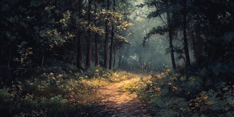 Fototapeta premium A winding path through a dense forest, bathed in soft sunlight.