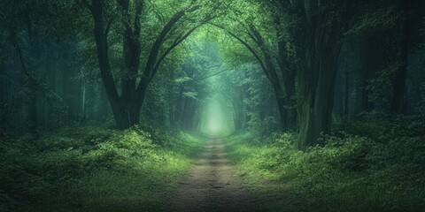 A misty forest path leads into the unknown, with tall trees on either side, creating a sense of mystery and intrigue.