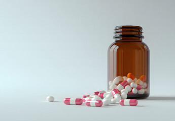 Assorted Pills Spilled from an Amber Bottle on a White Background Design. 3D Rendering design