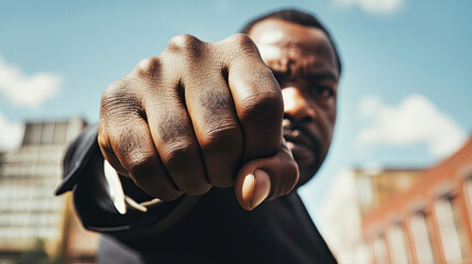 A confident individual expressing determination with a raised fist against a blue sky.