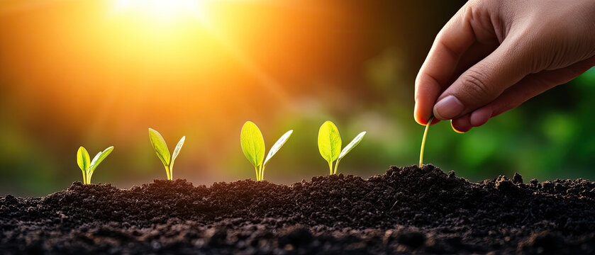 A hand nurturing young seedlings in rich soil, symbolizing growth and care under a warm sunlight.