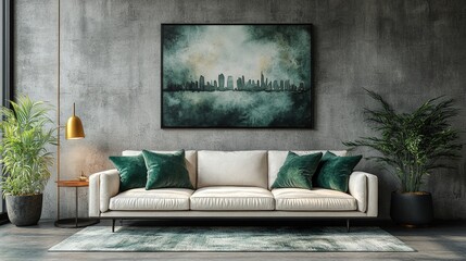 Minimalist interior design of a modern living room. An ivory suede sofa with emerald cushions against a concrete wall. on the wall is a minimalist painting painted in watercolors.