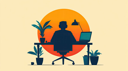 Fototapeta premium A silhouette of a person working at a desk surrounded by plants and a sunset backdrop, creating a serene workspace atmosphere.