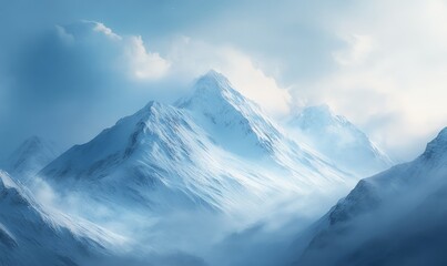 Serene snow-covered mountain range with subtle winter light and soft cloud formations in the distance