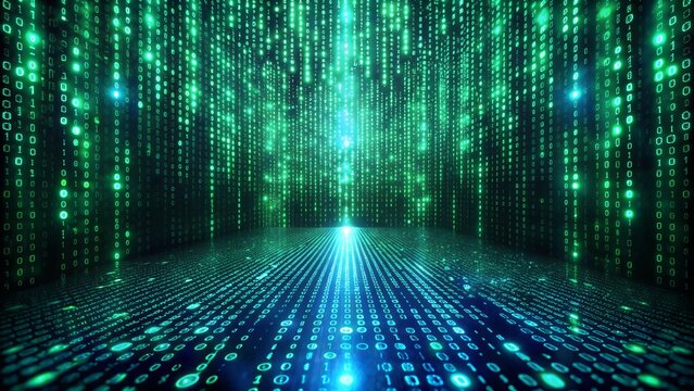Digital matrix background with glowing green binary code