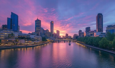 Skyline and River at Sunset