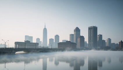 Fototapeta premium Morning fog over a modern city skyline creates a moody atmospheric urban landscape