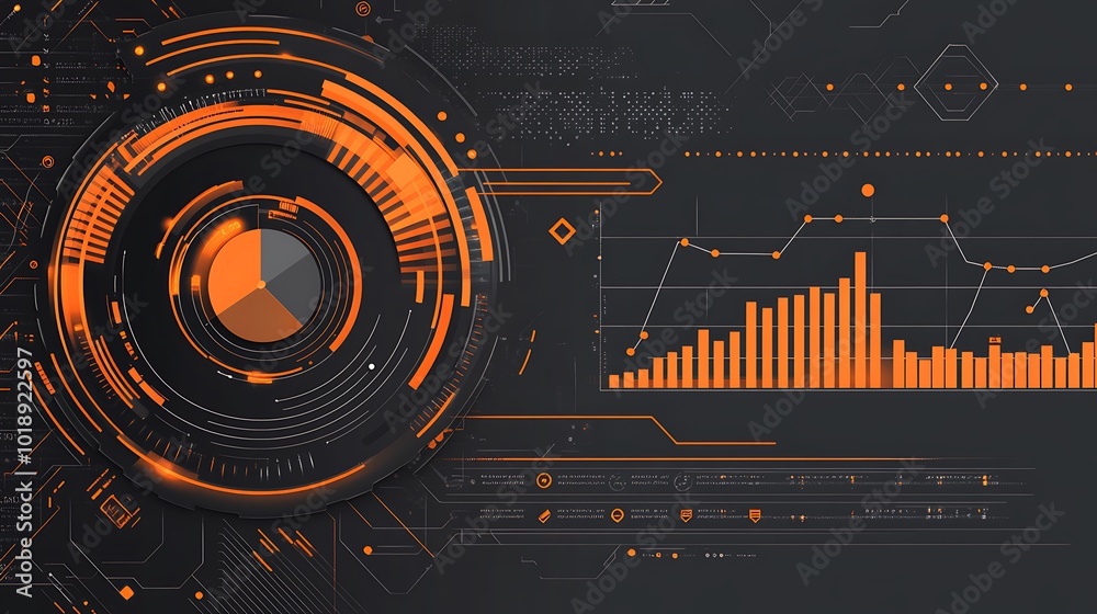Poster a futuristic technological interface with a central circle and various digital displays.