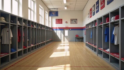 A 3D illustration showcases an American high-school locker room gym interior setting