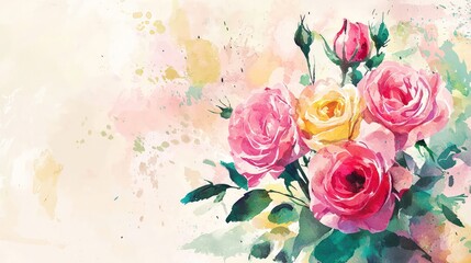 Artistic watercolor painting a floral bouquet with pink roses, offering a stylized botanical illustration.