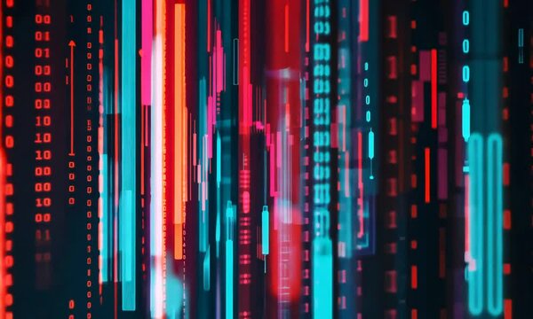 Digital Data Streams Visualized as Binary Code and Transparent Blocks Abstract Tech background with lines in red and blue.