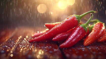 Chili Peppers: A vibrant image of assorted chili peppers—jalapeños, serranos, and red chilies—arranged artfully on a wooden surface, with droplets of water glistening on their skins