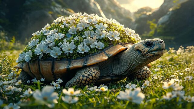 Turtle carrying flowers on shell walking in a field