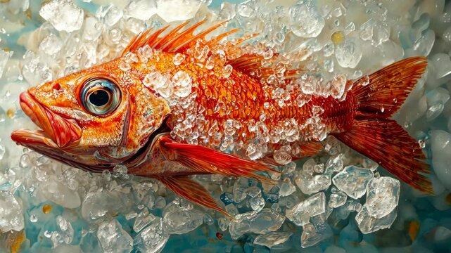 Fresh red snapper displayed on a bed of ice in a lively fish market