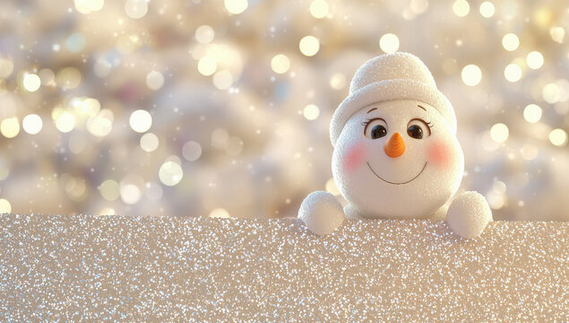 Fondo navide&ntilde;o con un gracioso mu&ntilde;eco de nieve llevando un gorro de lana blanco, asomando sobre un muro en el que apoya sus mandos, sobre fondo abstracto en color dorado bokeh