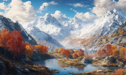 Obraz premium Panoramic, snowy mountains, autumn valley, abstract landscape, vast, majestic