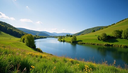 Breathtaking meadow and hillside scene during springsummer featuring a picturesque riverside vibrant wildflowers and sunlit greenery