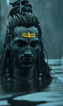 Lord Shiva Bathing in the River with Rain and Water Flowing Hindu Festival Indian Animaton Video.