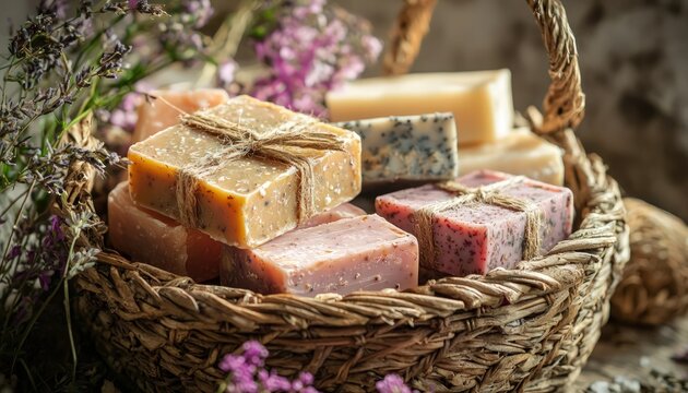 Basket natural handmade soaps, emphasizing organic and artisanal skincare products.