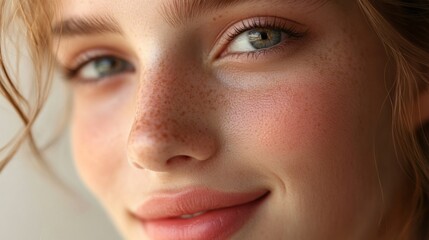 Fototapeta premium Close-Up Portrait of a Young Woman with Freckles