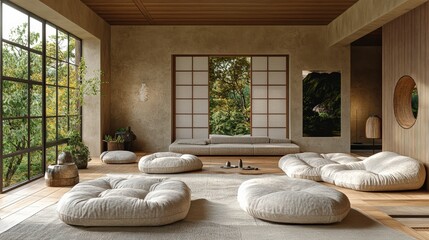 Minimalist Japanese interior design of a modern living room in calm beige tones, Japanese beautiful apartment interior with large windows.