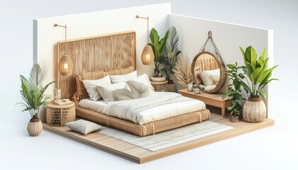 Beach-style bedroom isometric 3D render with a wicker bed and coastal decor elements, visualized in a floor plan on an isolated white background.