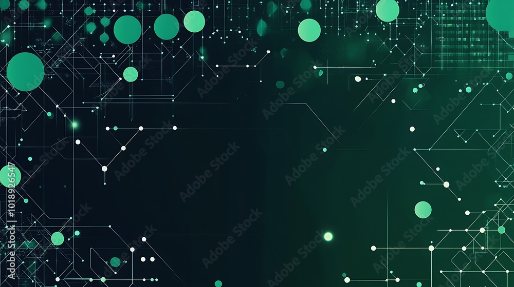 Poster Abstract digital network background with green glowing dots and lines on a dark green background.