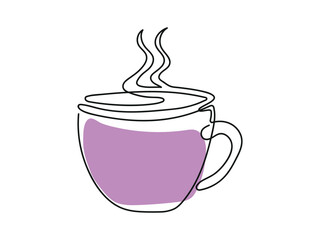 Line art of Purple hot cup with steam. Coffee or tea mug Isolated on white background. Continuous one line drawing. Concept of hot beverage, Morning drink, Minimalist Style, Design Element, Icon