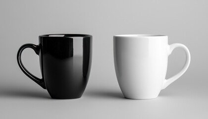 Black and white coffee mugs, a classic image suitable for themes simplicity or morning routines.