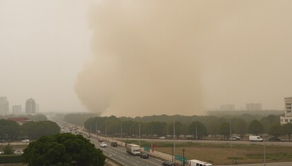 Obraz premium Yellow dust Asian dust warning in Korea Poor air quality due to sandstorms from China potentially harmful for respiratory health eyes and skin
