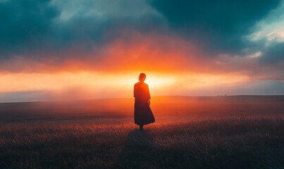 A woman stands in a field with the sun setting behind her