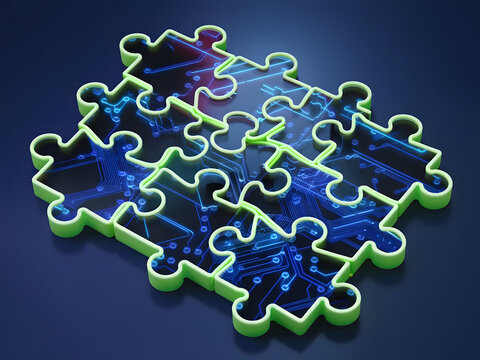 Una representaci&oacute;n 3D de un rompecabezas con bordes de ne&oacute;n y circuitos brillantes en su interior
