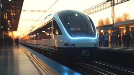Fototapeta premium Modern Train at Station During Sunset