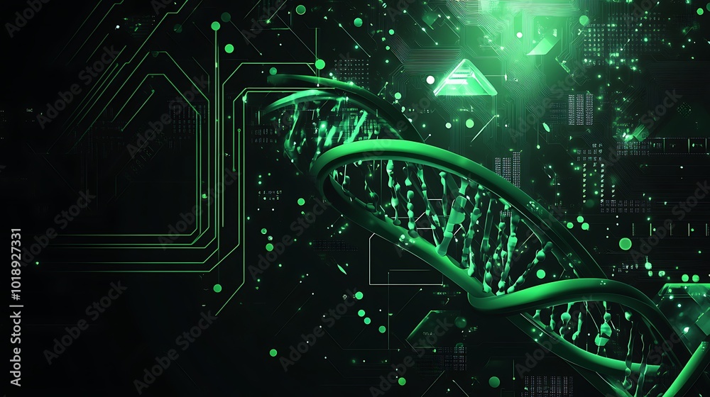 Poster Green glowing DNA helix on dark digital background with circuit board and data lines.