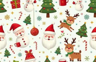 funny Christmas characters seamless pattern with Santa, snowman, Christmas tree