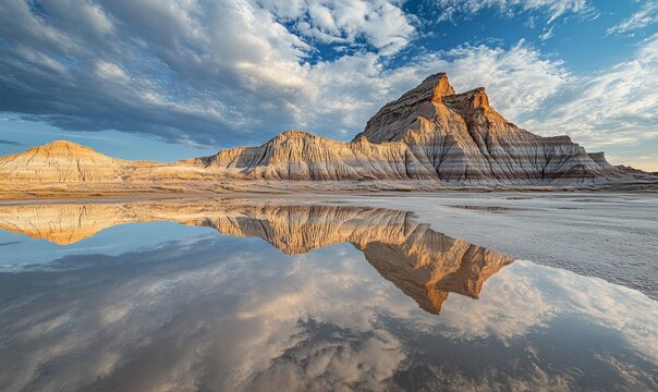 Perfect reflection of the detailed ridges of badlands in still water, creating a symmetrical visual illusion of this rugged landscape under a cloud-speckled
