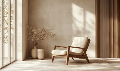 Room interior mock up in beige tones with wooden chair and wood panel