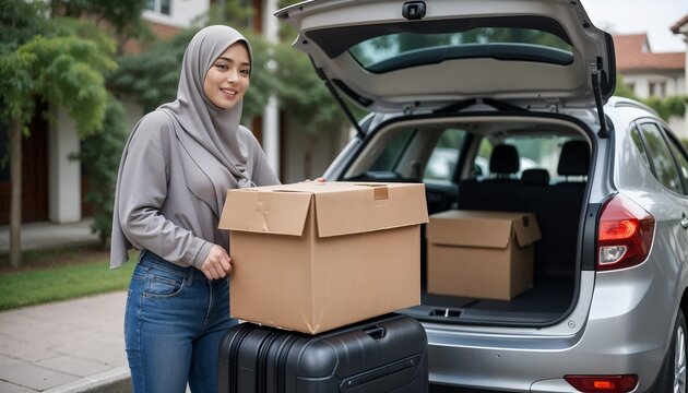 Muslim girl moving the cardboard box into the trunk of the car, ready to go on holiday. Mudik lebaran at Eid moment.
