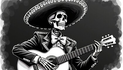 A skeleton wearing a sombrero and playing a guitar