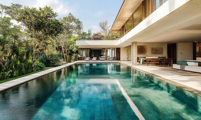 Fototapeta premium Tranquil Paradise: Stylish Living Space and Breathtaking Pool