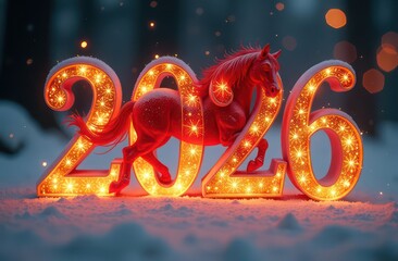 The numbers "2026" are gold in fire, silver snowflakes